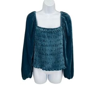 Anthropologie Velvet Smocked Blouse Womens L Teal Blue Long Balloon Sleeve Boho